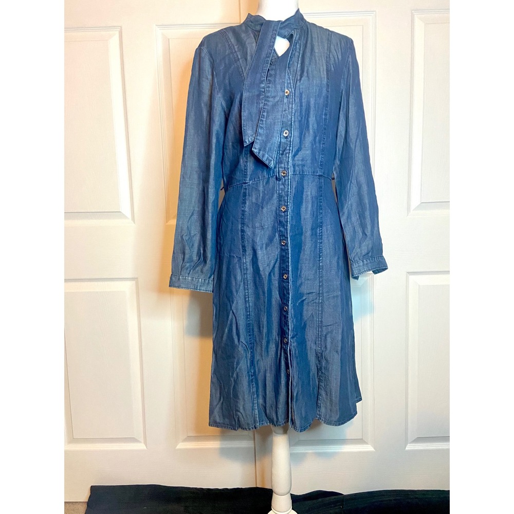 Tommy Hilfiger Blue Lyocell Chambray Tie Neck Button Down Midi Shirt Dress 8